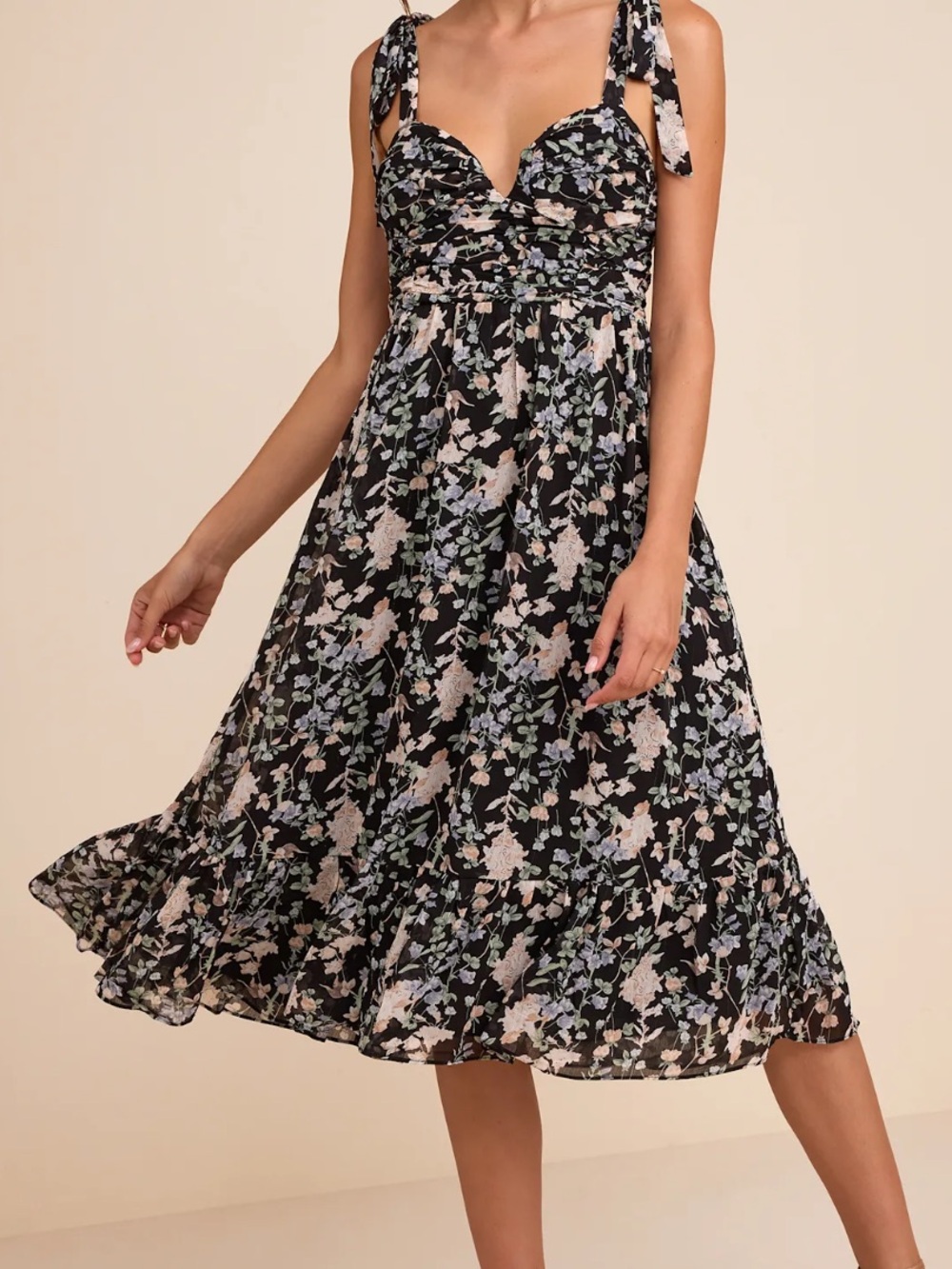 Lulu's Black Floral Tie-Shoulder Midi Dress